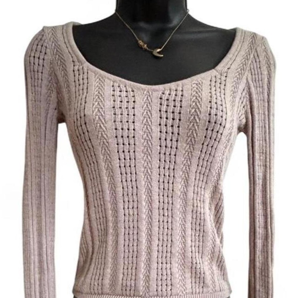 Hollister Cottagecore Pointelle Cable Knit Top Wide Scoop Neck Beige Mauve